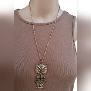 Vintage 1970s Jonette Jewelry (JJ) Articulated Owl Long Pendant Necklace